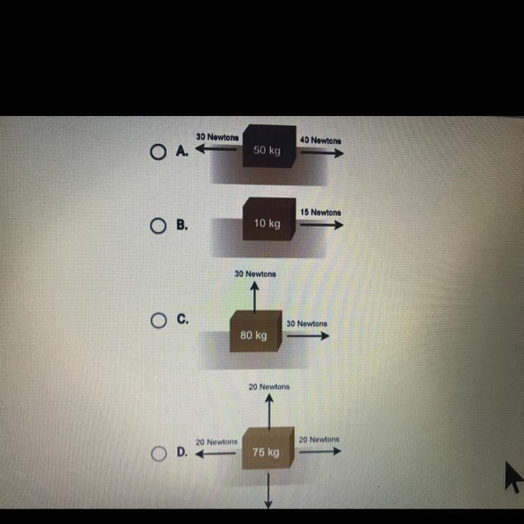 Which of these boxes will not accelerate! 30 Newtons 40 Newtons 50 kg 15 Newton B-example-1