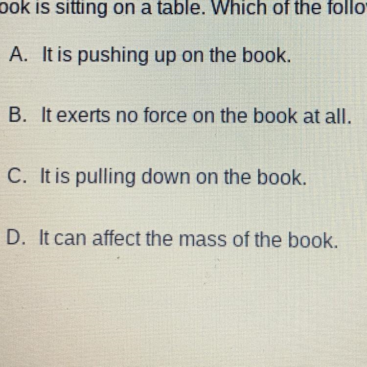 A book is sitting on a table. Which of the following is true about the table?-example-1