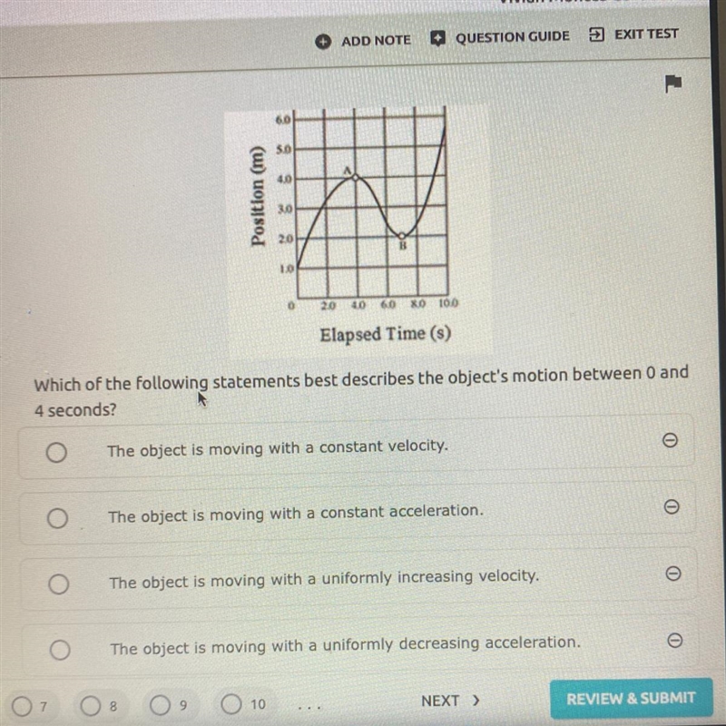 Which of The following statements best describes the objects motion between zero and-example-1