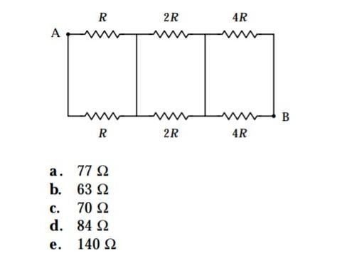 If R = 20 Ω, what is the equivalent resistance between points A and B in the figure-example-1