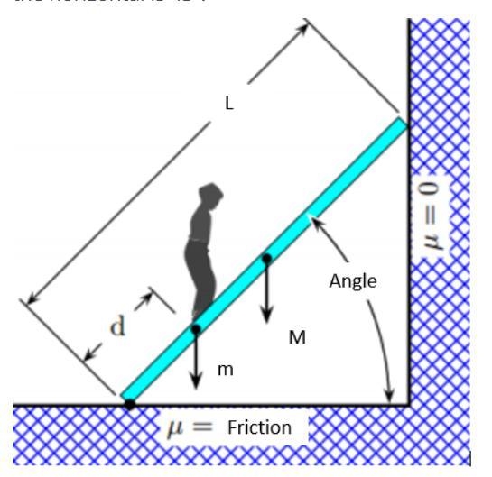 A 67 kg person climbs up a uniform 12 kg ladder. The ladder is 5 m long; its lower-example-1