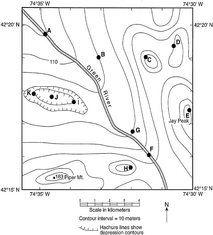 the diagram shows a contour map. letter a through k are reference points on the map-example-1