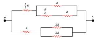 In the figure below consider R = 11 Ω. Calculate the equivalent resistance.-example-1