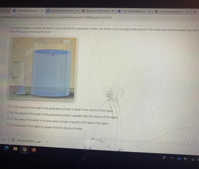 1. An object floats in a beaker as shown. Assuming that the graduated cylinder was-example-1