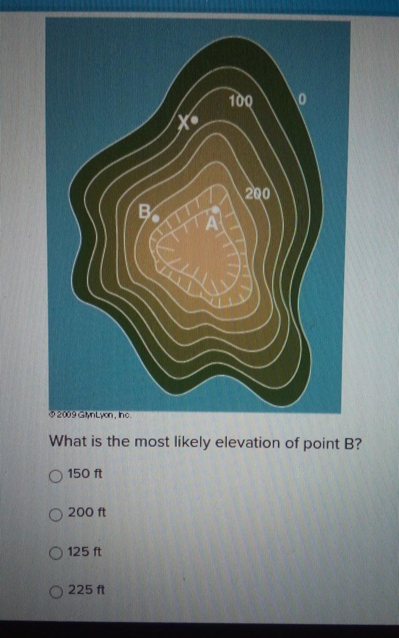 What is the most likely elevation of point B? a. 150 ft b. 200 ft c. 125 ft d. 225 ft-example-1