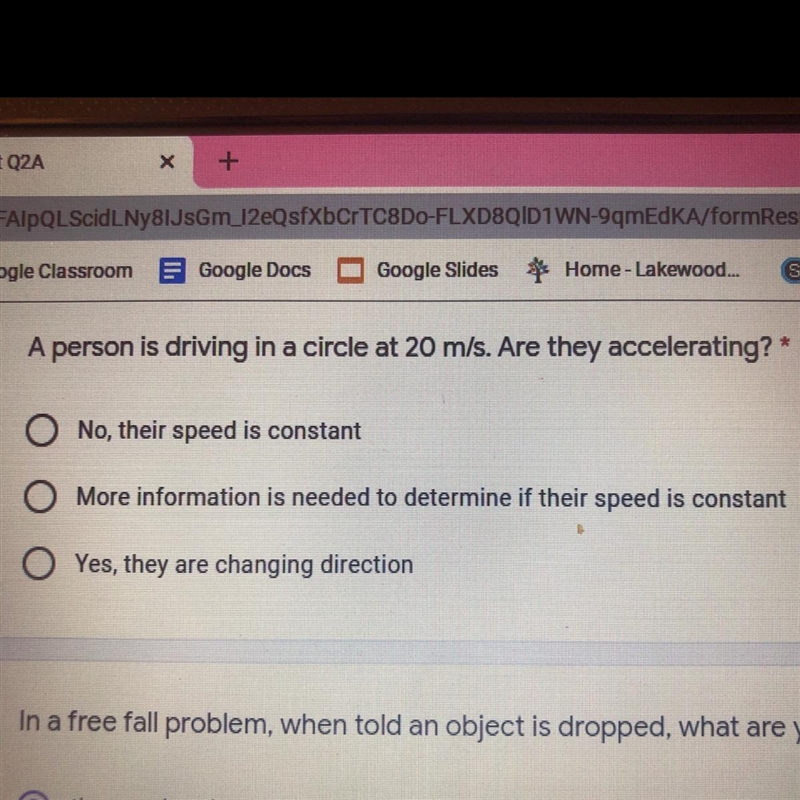 Please help!! A person is driving in a circle at 20m/s. Are they accelerating?-example-1