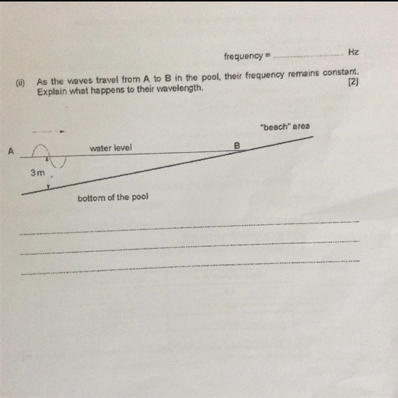 As the waves travel from A to B in the pool, their frequency remains constant. Explain-example-1