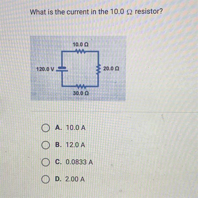 Question 2 of 10 What is the current in the 10.0 2 resistor? 10.00 w 120.0 V 20.00 w-example-1