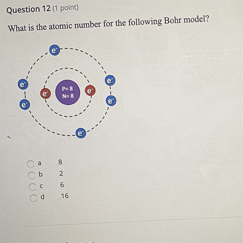 What is the atomic number for the following Bohr model? e P= 8 N= 8 --- a 8 b 2 OOOO-example-1