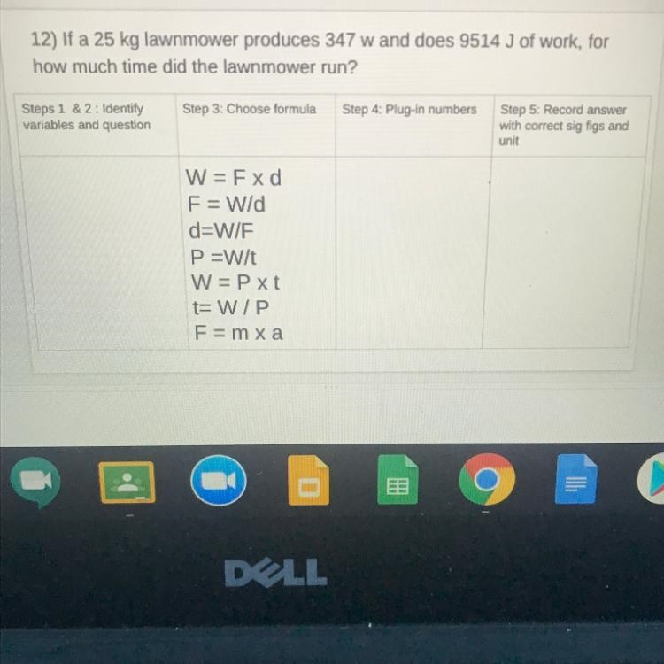 If a 25 kg lawnmower produces 347 w and does 9514 J of work, for how much time did-example-1