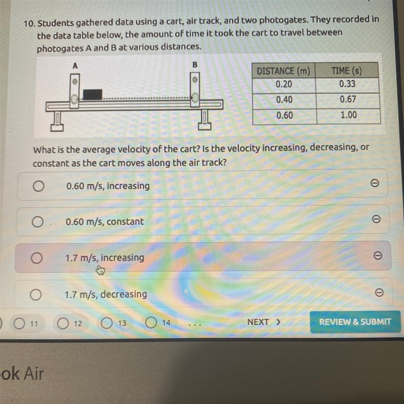 What is the average velocity of the cart? Is the velocity increasing decreasing or-example-1