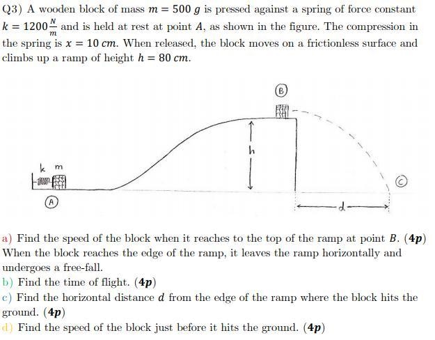 A wooden block of mass = 500 is pressed against a spring of force constant = 1200 / and-example-1