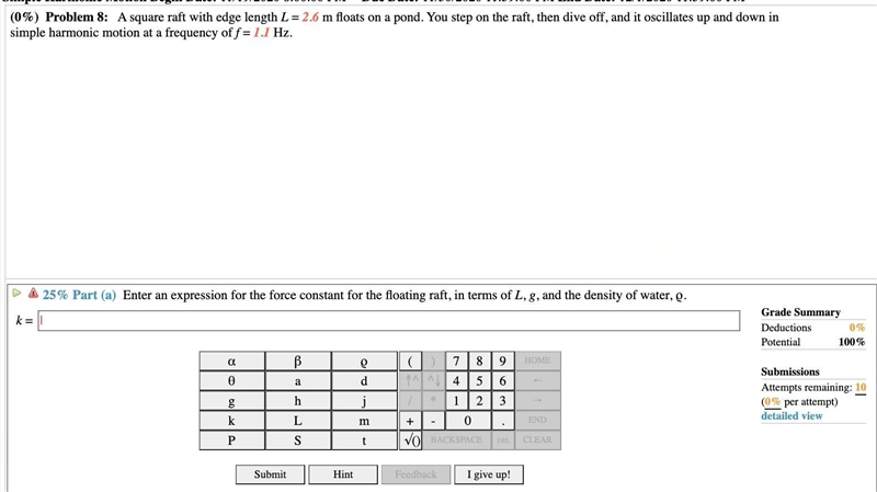 Enter an expression for the force constant for the floating raft, in terms of L, g-example-1