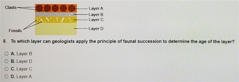 To which layer can geologists apply the principle of faunal succession to determine-example-1