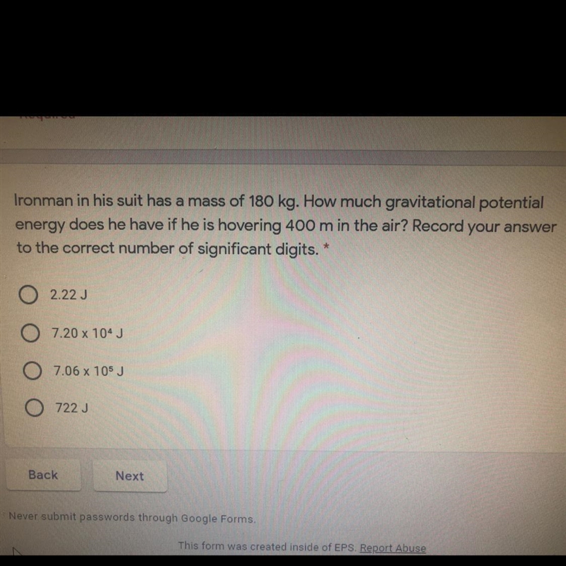 Ironman in his suit has a mass of 180 kg. How much gravitational potential energy-example-1