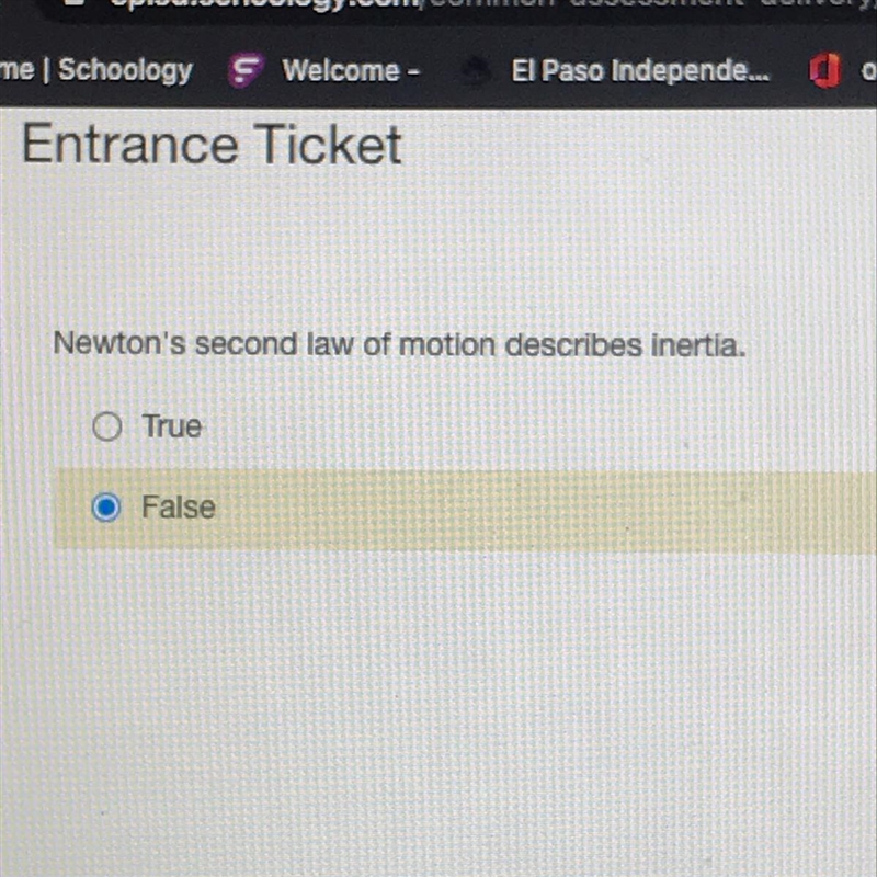 Newton's second law of motion describes inertia. True False-example-1