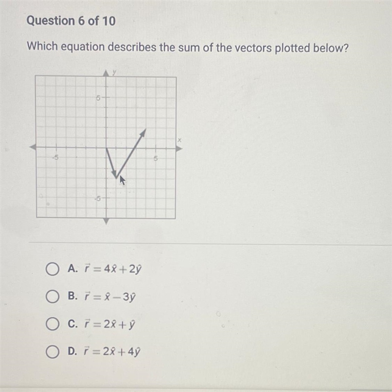 Which equation describes the sum of the vectors plotted below?-example-1