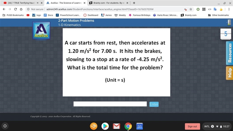 A car starts from rest, then accelerates at 1.20 m/s^2 for 7.00 s. It hits the brakes-example-1