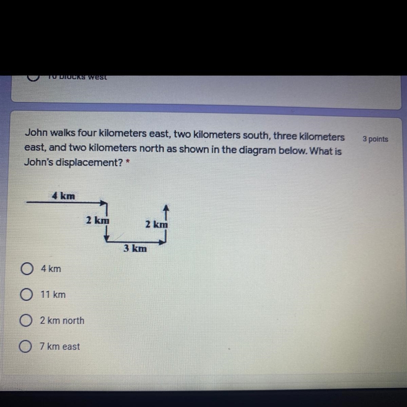 John walks four kilometers east, two kilometers north as shown in the diagram below-example-1