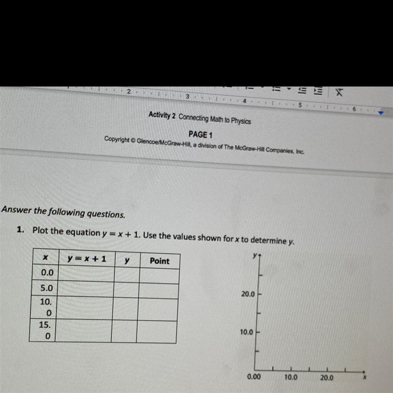 1. Plot the equation y = x + 1. Use the values shown for x to determine y.-example-1