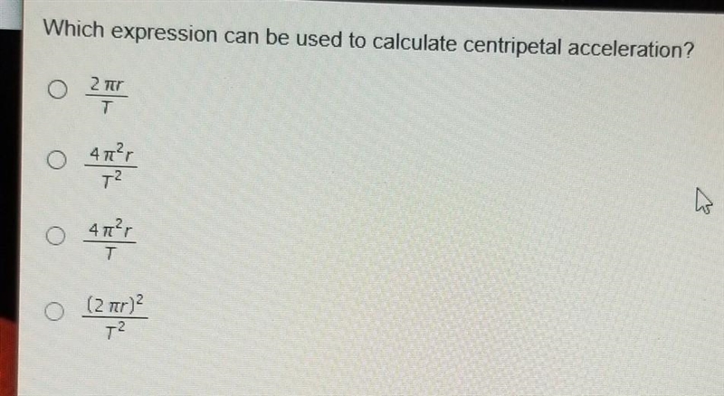 Which expression can be used to calculate centripetal acceleration?​-example-1