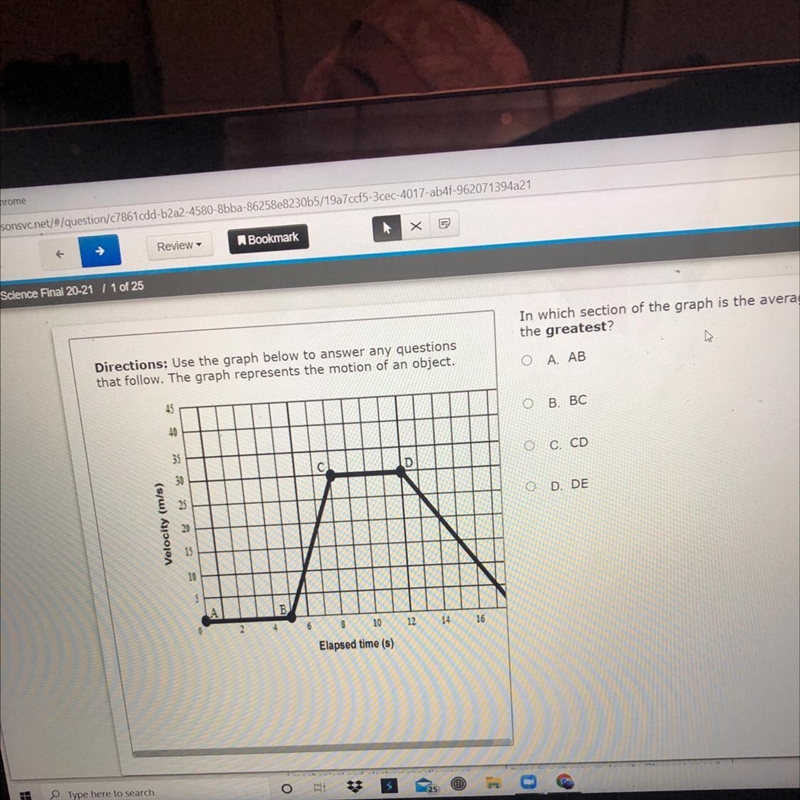 In which section of the graph is the average velocity the greatest?-example-1