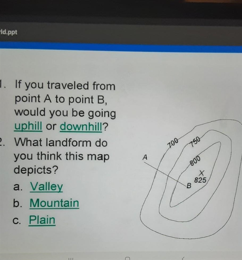 1. If you traveled from point A to point B, would you be going uphill or downhill-example-1