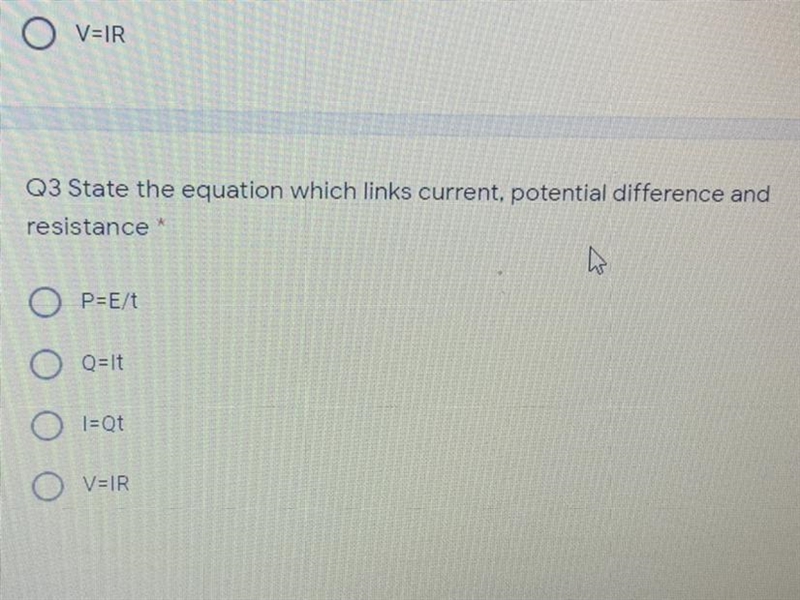 1 point Q3 State the equation which links current, potential difference and resistance-example-1