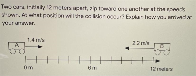 Two cars, initially 12 meters apart, zip towards one another at the speeds shown. At-example-1