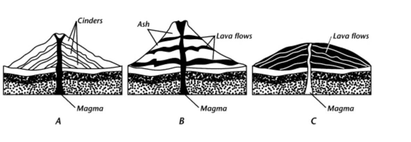 In the United States, where do volcanoes like the one shown in diagram C occur?-example-1