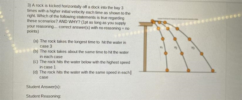 A rock is kicked horizontally off a dock into the bay 3 times with a higher initial-example-1