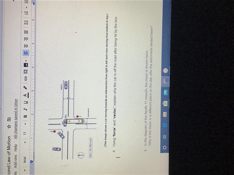 Using the force and vector explain why the car is off the road after being hit by-example-1