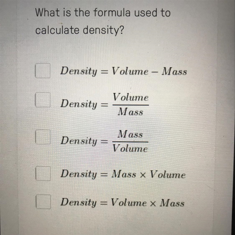 What is the formula used to calculate density?-example-1