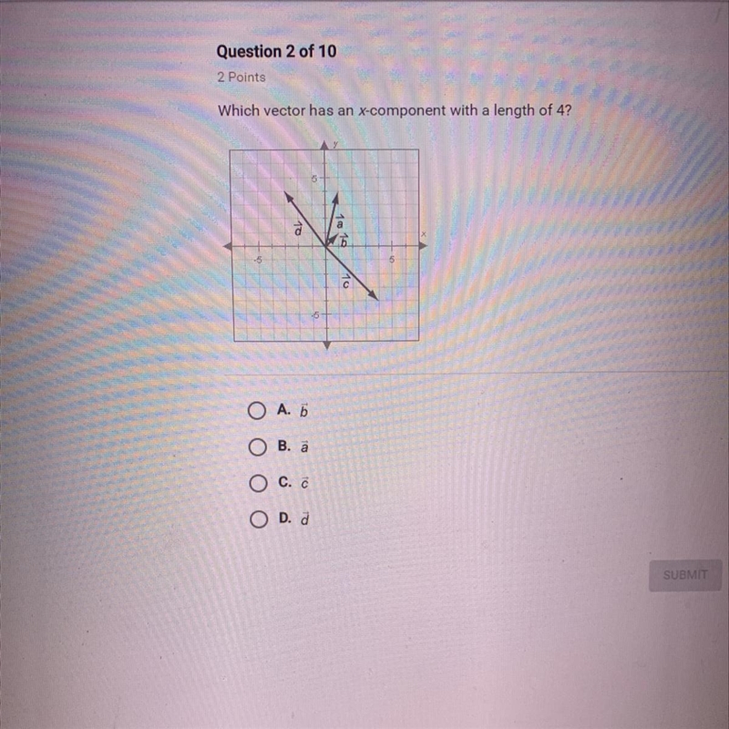 Which vector has an x-component with a length of 4?-example-1