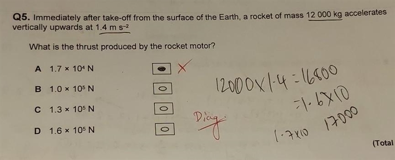 I did F = ma F = 12000*1.4 F = 16800 so I ticked A but the answer is actually C can-example-1