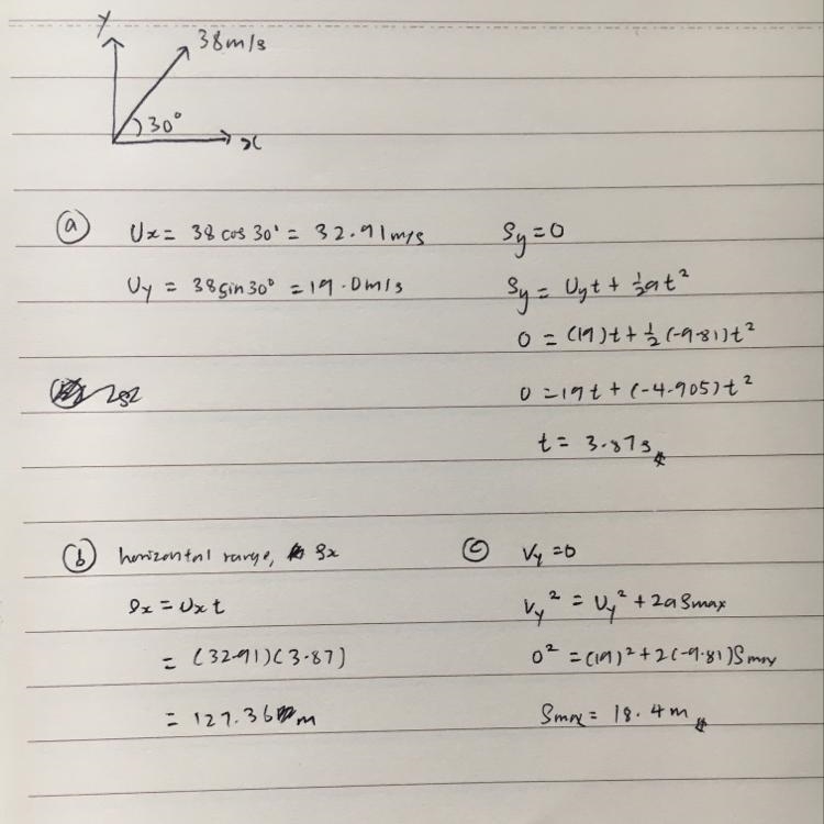 20. A cannon shoots a ball at 38 m/s at an angle of 30°. Ignore the original height-example-1