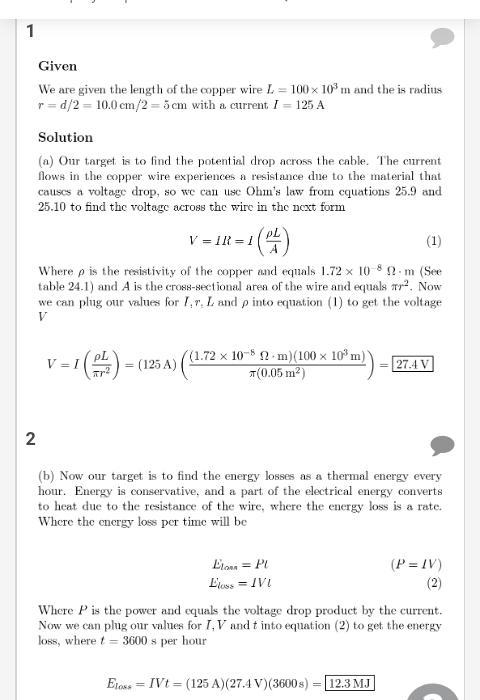 A copper transmission cable 100 km long and 10.0 cm in diameter carries a current-example-1