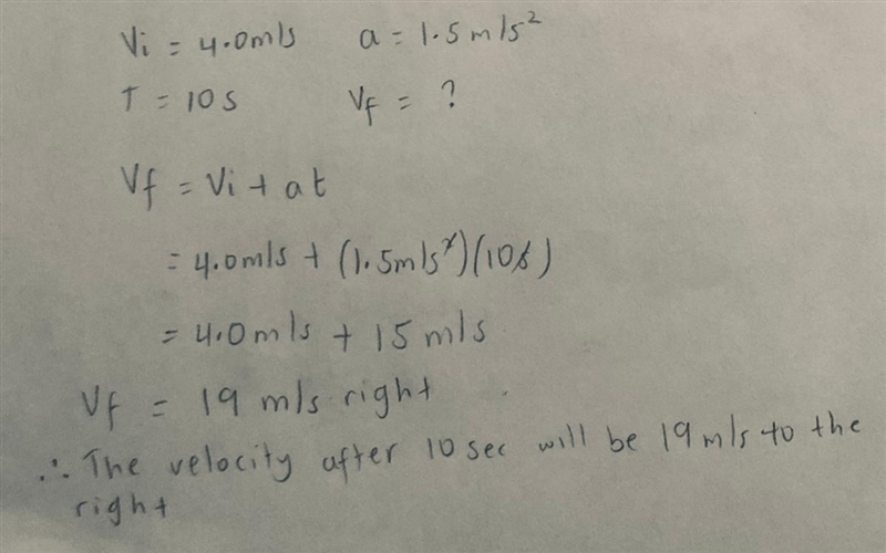 B. A car is moving 4.0 m/s to the right. The car begins to accelerate at a rate of-example-1