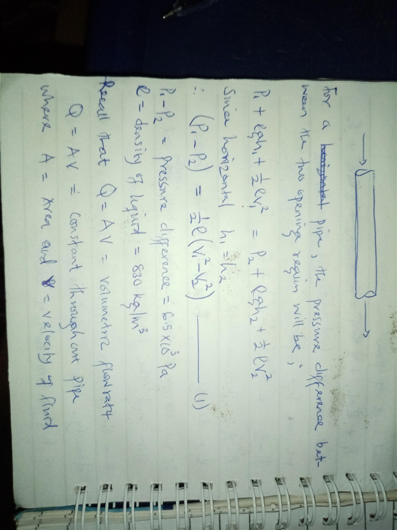 A liquid of density 830 kg/m3 flows through a horizontal pipe that has a cross-sectional-example-1