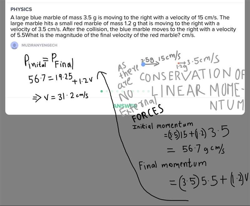 A large blue marble of mass 3.5 g is moving to the right with a velocity of 15 cm-example-1