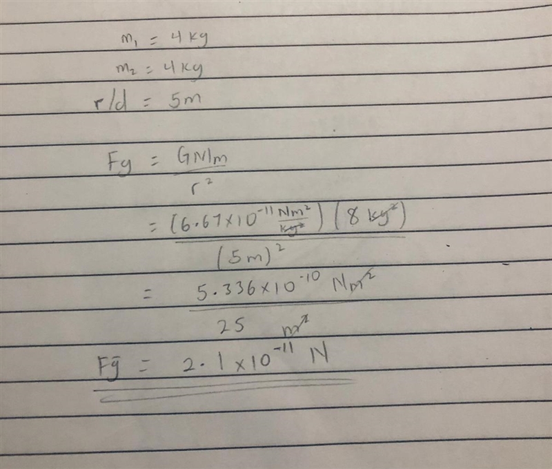 1. What is the gravitational force between two 4 kilogram masses separated by a distance-example-1