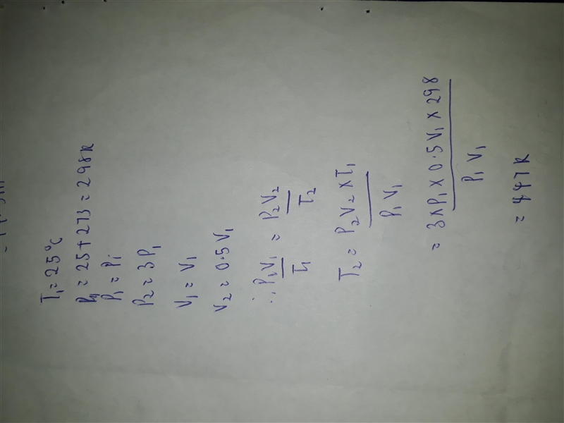 A sample of oxygen gas at 25.0Â°c has its pressure tripled while its volume is halved-example-1