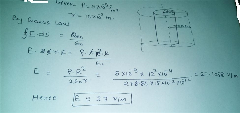 long nonconducting cylinder (radius = 12 cm) has a charge of uniform density (5.0 nC-example-1