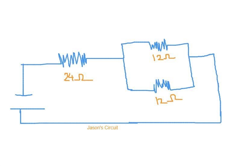 Jason's circuit has a 24-Ω resistor that is connected in series to two 12-Ω resistors-example-1