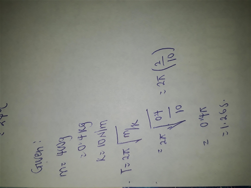 A mass of 400 g is hanging from a spring with a spring constant of 10 N/m. The mass-example-1