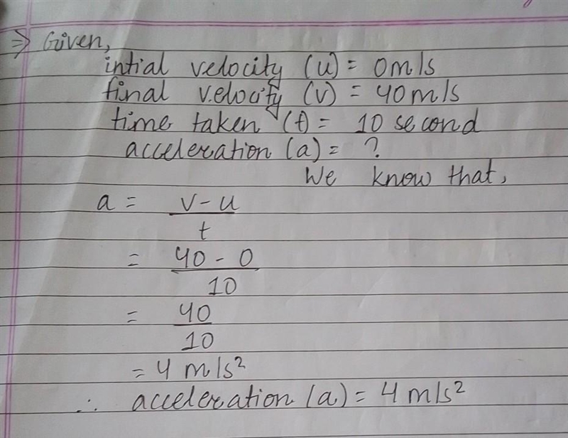 A ball rolling down a ramp accelerates from 0 m/s to 40 m/s in 10 seconds. What is-example-1