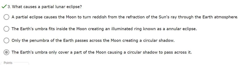 What causes a partial lunar eclipse? 1. A partial eclipse causes the Moon to turn-example-1