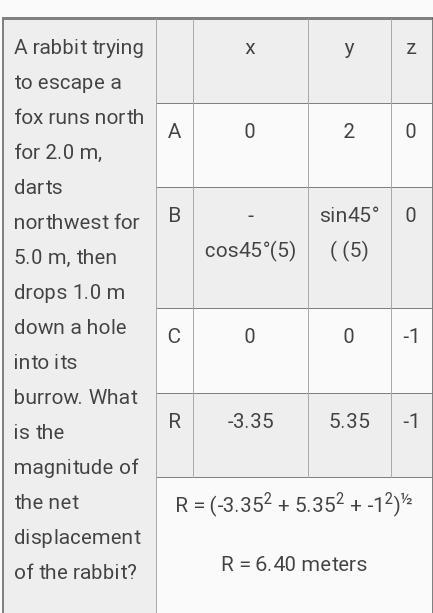 A rabbit trying to escape a fox runs north for 8.0 m, darts northwest for 1.0 m, then-example-1