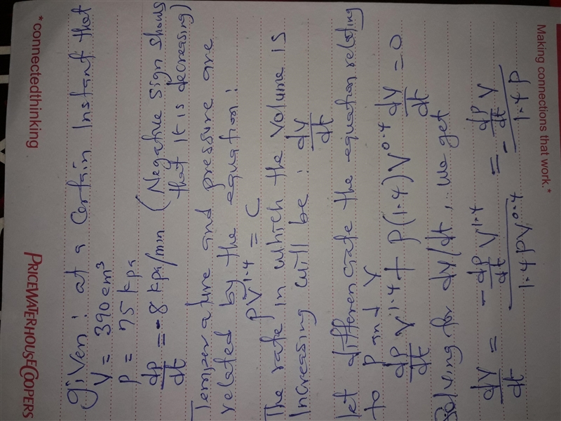 Suppose that at a certain instant the volume is 390 cubic centimeters and the pressure-example-1