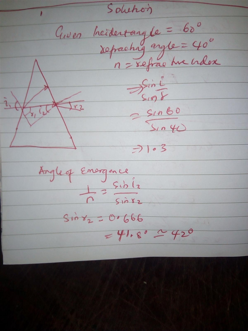 The angle of incidence of a ray of light striking an equilateral triangular prisms-example-1